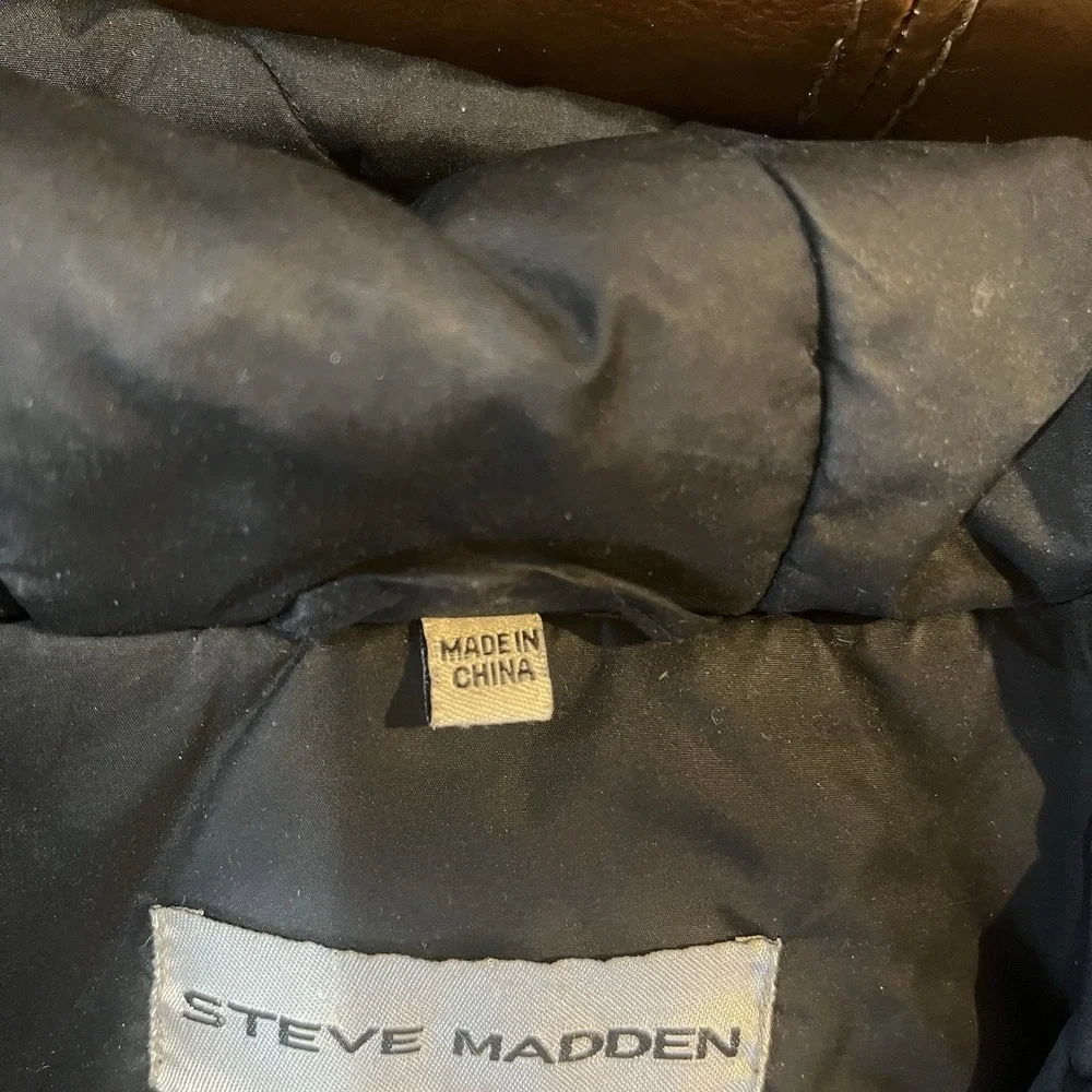 Steve Madden‎ Womens Black Hooded Puffer Parka Jacket Size L Utility Winter Coat